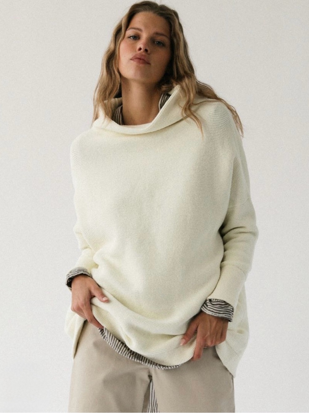 Free People Ottoman Funnel-Neck Knit Sweater Ivory Cream XS